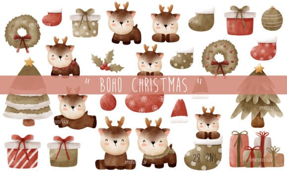 Boho Christmas Watercolor Clipart for Festive Branding