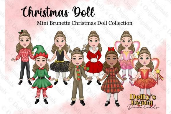 Christmas Brunette Mini Doll Clipart for Illustrations