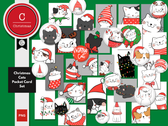 Christmas Cat Pocket Card Set Illustrations