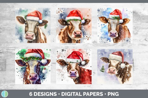 Christmas Cow Backgrounds Digital Scra Illustrations