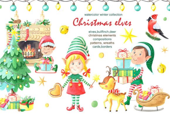 Christmas Elves.Watercolor Illustration Review