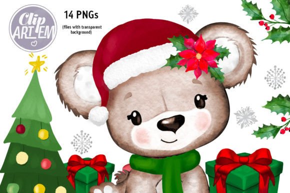 Christmas Girl Bear Watercolor Clip Art for Local Branding