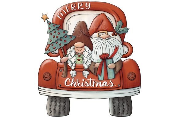 Christmas Gnome Couple in Old Truck Illustration Review