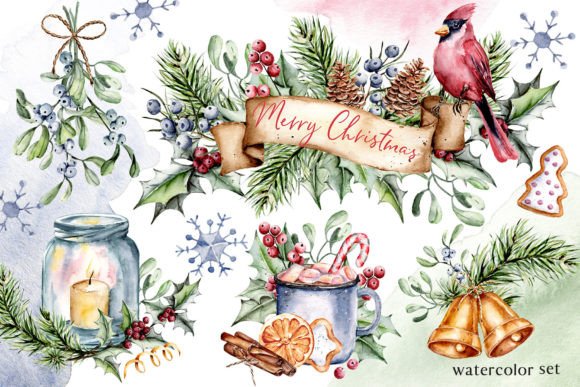 Christmas Watercolor Set PNG Files for Editorial Design
