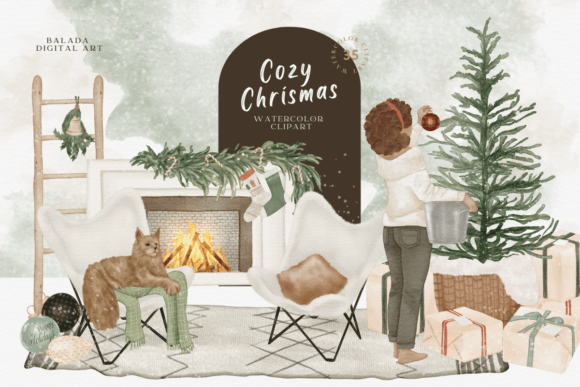 Cozy Christmas Watercolor Clipart for Illustrations