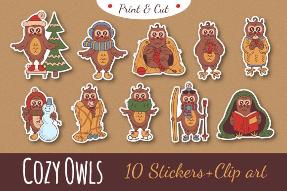 Cozy Owls Christmas Stickers, Clipart for Illustrations