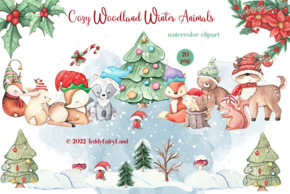 Cozy Woodland Winter Animals, Christmas Illustrations