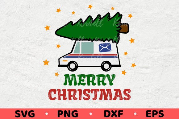 Postal Worker Mail Truck Christmas Tree Illustration