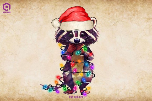Racoon Christmas Tree Lights Illustrations