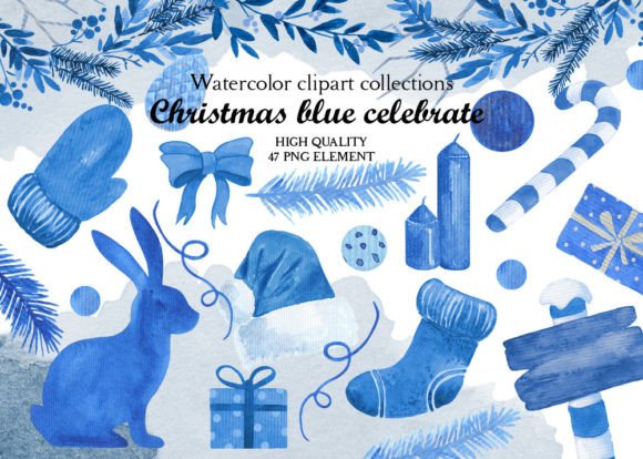 Watercolor Christmas Clipart Blue for Illustrations